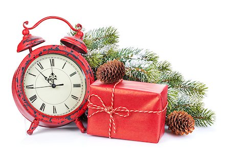 Christmas clock, gift box and snow fir tree. Isolated on white background Stock Photo - Budget Royalty-Free & Subscription, Code: 400-08298894