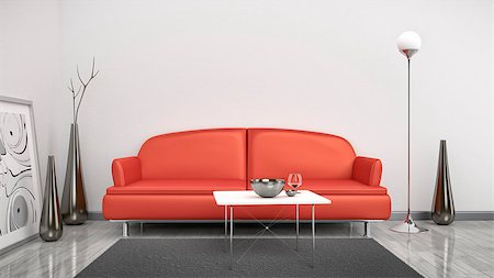 3d interior render image of a red sofa in a white room with space for your content Stock Photo - Budget Royalty-Free & Subscription, Code: 400-08298969