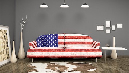 red blue and white living design - 3d interior render image of an usa flag sofa in a room with a cow skin Stock Photo - Budget Royalty-Free & Subscription, Code: 400-08298970
