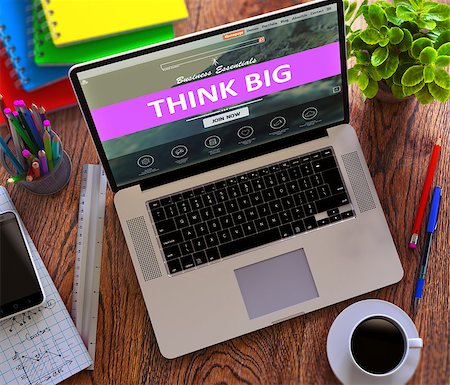 simsearch:400-09009327,k - Think Big Concept. Modern Laptop and Different Office Supply on Wooden Desktop background. Fotografie stock - Microstock e Abbonamento, Codice: 400-08298989