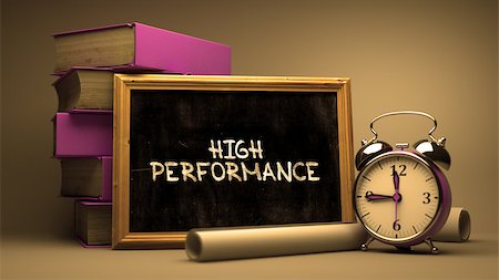 simsearch:400-07338798,k - Handwritten High Performance on a Chalkboard. Composition with Chalkboard and Stack of Books, Alarm Clock and Rolls of Paper on Blurred Background. Toned Image. Stock Photo - Budget Royalty-Free & Subscription, Code: 400-08299007