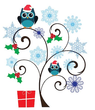 vector illustration of a fun tree with owls, snowflakes Stock Photo - Budget Royalty-Free & Subscription, Code: 400-08299154