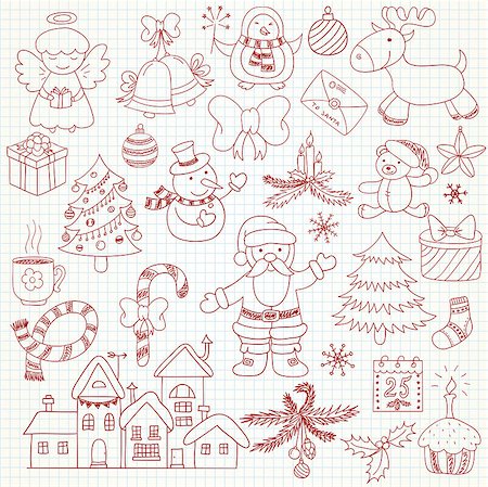 snowman snow angels - Set of vector Christmas characters and ornaments in doodle style. Can be used for xmas or winter design Stock Photo - Budget Royalty-Free & Subscription, Code: 400-08299169