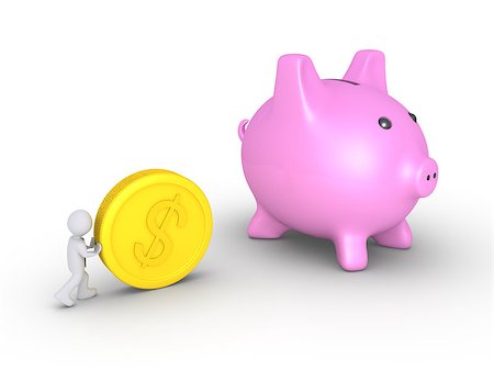 simsearch:400-07338104,k - Businessman is pushing a big dollar coin towards a pig money box Stock Photo - Budget Royalty-Free & Subscription, Code: 400-08299369