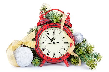 Christmas clock, bauble decor and snow fir tree. Isolated on white background Stock Photo - Budget Royalty-Free & Subscription, Code: 400-08299706