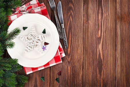 Christmas table setting with fir tree. Top view with copy space Stock Photo - Budget Royalty-Free & Subscription, Code: 400-08299785