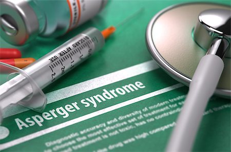 Asperger syndrome - Printed Diagnosis on Green Background and Medical Composition - Stethoscope, Pills and Syringe. Medical Concept. Blurred Image. Stockbilder - Microstock & Abonnement, Bildnummer: 400-08299955