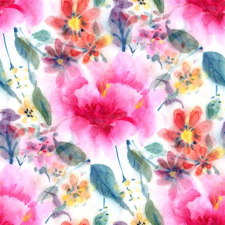 simsearch:400-08285670,k - Seamless pattern with watercolor flowers.  Red flowers on a white background. Foto de stock - Super Valor sin royalties y Suscripción, Código: 400-08290076