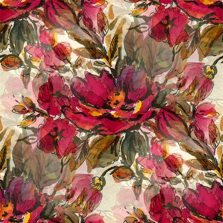 simsearch:400-08290626,k - Seamless pattern with  red watercolor flowers. Drawing ink and watercolor. Stock Photo - Budget Royalty-Free & Subscription, Code: 400-08290390