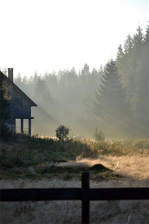 Foggy landscape with cottage in the mountains at the summer morning Stock Photo - Budget Royalty-Free & Subscription, Code: 400-08290519