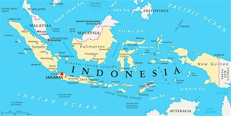 Indonesia political map with capital Jakarta, national borders and important cities. English labeling and scaling. Illustration. Photographie de stock - Aubaine LD & Abonnement, Code: 400-08290535