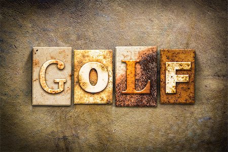 The word "GOLF" written in rusty metal letterpress type on an old aged leather background. Stock Photo - Budget Royalty-Free & Subscription, Code: 400-08290826