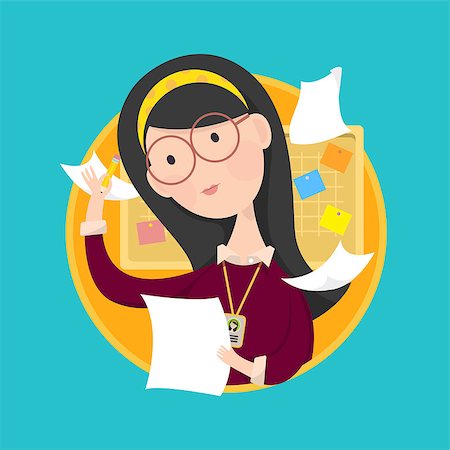 paper chaos in a office - Vector illustration of woman wear glasses working with pencil and paper in hand. Board and memo in background. Stock Photo - Budget Royalty-Free & Subscription, Code: 400-08290955