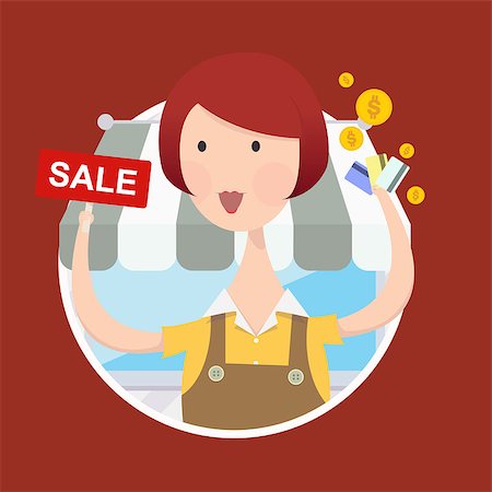 Vector illustration of woman working in front of shop with sale sign and credit card in hand. Stock Photo - Budget Royalty-Free & Subscription, Code: 400-08290956