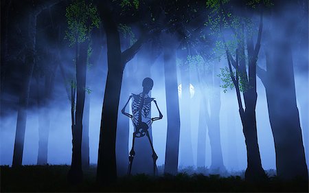 3D render of a Halloween background of a skeleton in a foggy forest Stock Photo - Budget Royalty-Free & Subscription, Code: 400-08290966