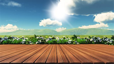simsearch:400-09068018,k - 3D render of a wooden table with daisies, grass and hills in the background Stock Photo - Budget Royalty-Free & Subscription, Code: 400-08290970