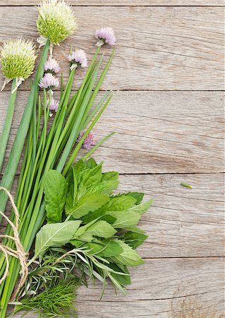 Fresh herbs and spices on garden table. Top view with copy space Stock Photo - Budget Royalty-Free & Subscription, Code: 400-08291245