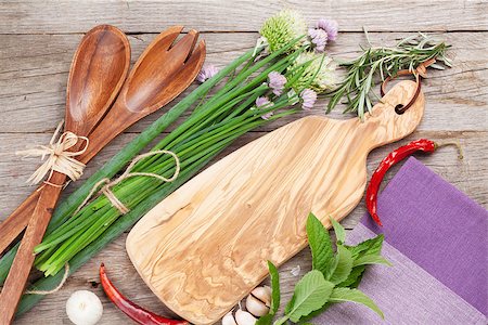 Fresh herbs and spices on wooden table. Top view with copy space Stock Photo - Budget Royalty-Free & Subscription, Code: 400-08291249