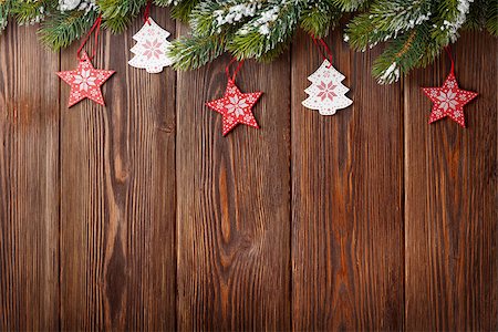 simsearch:400-07824858,k - Christmas tree with decor on wooden table. View with copy space Stock Photo - Budget Royalty-Free & Subscription, Code: 400-08291413