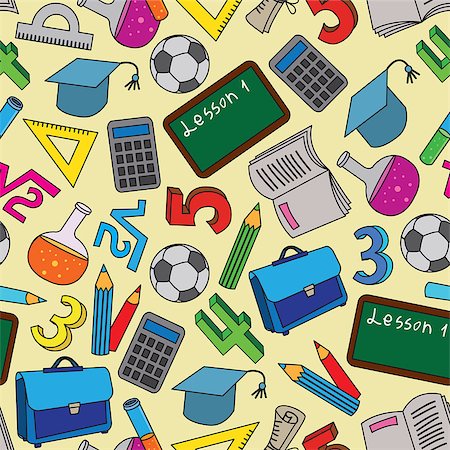 simsearch:400-07619039,k - Seamless Pattern with school doodles. Vector background. Cool cartoon pictures of usual class objects Fotografie stock - Microstock e Abbonamento, Codice: 400-08291473