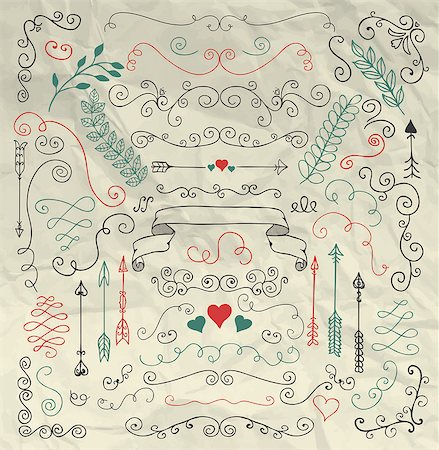 simsearch:400-08755813,k - Vector Colorful Hand Sketched Rustic Floral Doodle Swirls, Branches, Design Elements on Crumple Paper Texture. Decorative Floral Corners, Dividers, Arrows, Scrolls. Hand Drawing Vector Illustration. Stock Photo - Budget Royalty-Free & Subscription, Code: 400-08292142