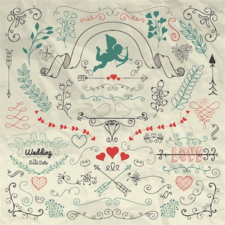 simsearch:400-08755813,k - Vector Colorful Hand Sketched Rustic Flourish Doodle Swirls, Branches, Design Elements on Crumpled Paper Texture. Decorative Corners, Dividers, Arrows, Scrolls. Hand Drawing Vector Illustration. Stock Photo - Budget Royalty-Free & Subscription, Code: 400-08292143