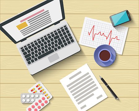 Medical Workplace with gadgets, pills, cardiogram and work flow items. Doctor Office. Flat Design. Vector Illustration Icons Stockbilder - Microstock & Abonnement, Bildnummer: 400-08292603