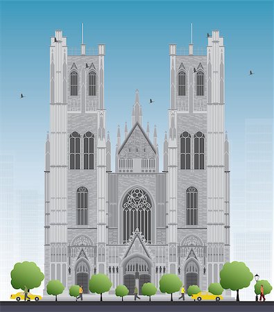 Tall building of the Cathedral of St Michael and St Gudula in the center of Brussels, Belgium. Vector illustration Stock Photo - Budget Royalty-Free & Subscription, Code: 400-08292777