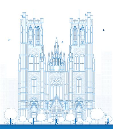 Outline building of the Cathedral of St Michael and St Gudula in the center of Brussels, Belgium. Vector illustration Stock Photo - Budget Royalty-Free & Subscription, Code: 400-08292778