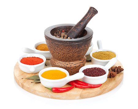 simsearch:400-06559340,k - Various spices selection on cutting board. Isolated on white background Stock Photo - Budget Royalty-Free & Subscription, Code: 400-08293268