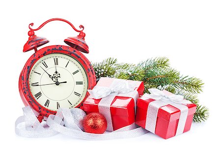 Christmas clock, gift boxes and snow fir tree. Isolated on white background Stock Photo - Budget Royalty-Free & Subscription, Code: 400-08293380