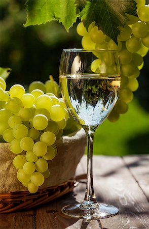 White wine, vine and bunch of grapes on garden table Stock Photo - Budget Royalty-Free & Subscription, Code: 400-08293487