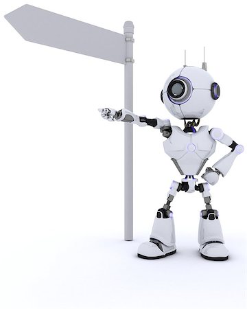 simsearch:400-07902525,k - 3D Render of a Robot with road sign Stock Photo - Budget Royalty-Free & Subscription, Code: 400-08293717
