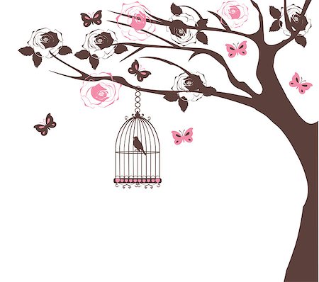 floral heart vector - vector illustration of a floral tree with bird cage Stock Photo - Budget Royalty-Free & Subscription, Code: 400-08293960