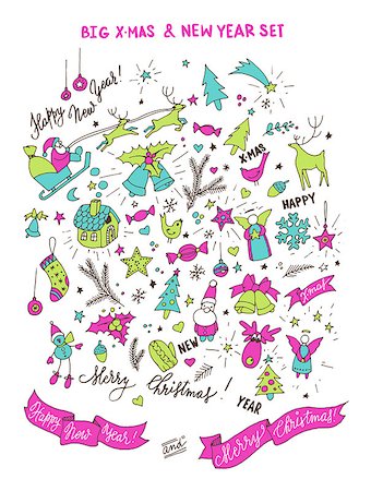 Set of neon bright doodle design elements for Christmas and New Year, vector illustration Foto de stock - Super Valor sin royalties y Suscripción, Código: 400-08300277