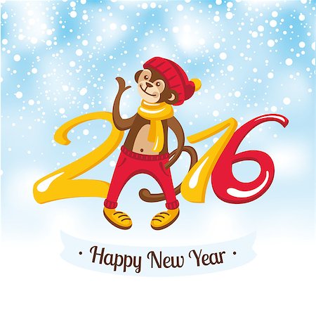 New Year greeting card with cute monkey vector illustration Stock Photo - Budget Royalty-Free & Subscription, Code: 400-08300309