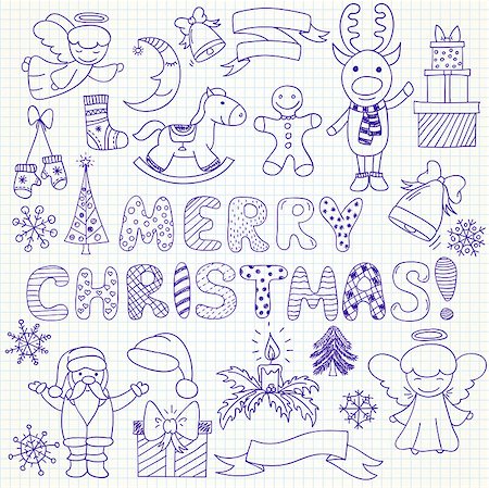 snowman snow angels - Set of vector Christmas characters and ornaments in doodle style (included snowflakes; hat; gift; Santa Claus; deer; mistletoe; angels; bells; sock; candle; toy, deer; pine; mistletoe; angels; rocking horse, gingerbread man, crescent, mittens). Can be used for xmas or winter design Photographie de stock - Aubaine LD & Abonnement, Code: 400-08300328