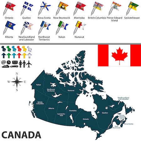 Vector map of Canada with regions with flags on white Stock Photo - Budget Royalty-Free & Subscription, Code: 400-08300454