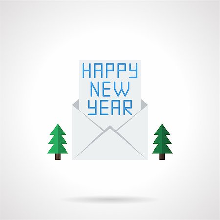 simsearch:400-08302730,k - Christmas envelope with Happy New Year letter and two fir-trees. Greeting card flat color vector icon. Buttons and design elements for website, mobile app, business. Fotografie stock - Microstock e Abbonamento, Codice: 400-08300506