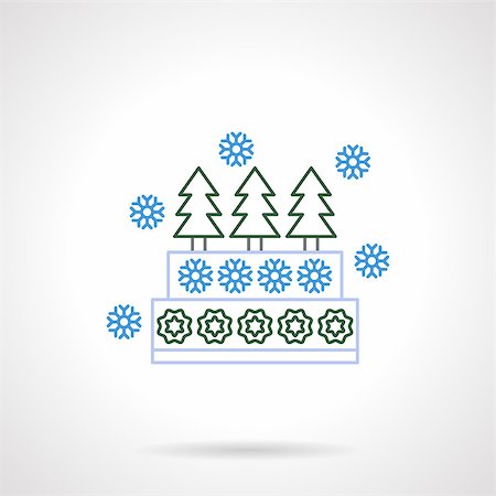 Christmas cake decorated with blue and green snowflakes and green fir-tree. Traditional winter desserts. Flat color line vector icon. Buttons and design elements for website, mobile app, business. Stock Photo - Budget Royalty-Free & Subscription, Code: 400-08300535