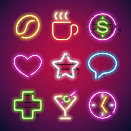 Glowing Neon Signs Set. Used pattern brushes included. There are fastening elements in a symbol palette. Foto de stock - Super Valor sin royalties y Suscripción, Código: 400-08300819