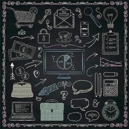 Business and Finance Vintage Hand Sketched Icons on Chalkboard Menu Texture. Hand Drawn Vector Illustration. Decorative Design Elements, Speech Bubbles, Arrows, Infographic Graphic Elements, Swirls Stock Photo - Budget Royalty-Free & Subscription, Code: 400-08300960