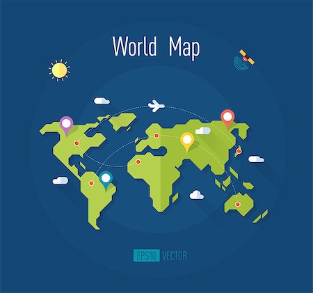 world map on blue background with marks ways pointers satellite airplane sun and clouds - vector illustration Stock Photo - Budget Royalty-Free & Subscription, Code: 400-08301199