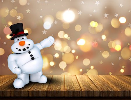 simsearch:400-09068018,k - 3D render of a Christmas snowman on wooden table against a bokeh lights background Stock Photo - Budget Royalty-Free & Subscription, Code: 400-08301344