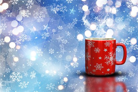 snow cosy - 3D render of a Christmas mug on a bokeh lights and snowflake background Stock Photo - Budget Royalty-Free & Subscription, Code: 400-08301341