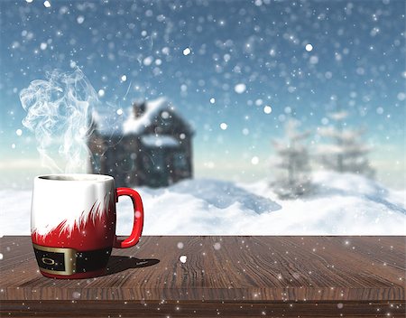 3D render of a Christmas mug on a table with defocussed image of snowy house with trees and house Stock Photo - Budget Royalty-Free & Subscription, Code: 400-08301342