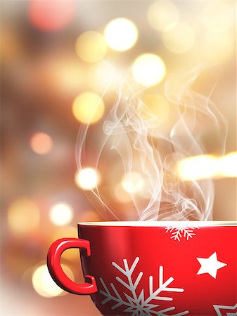 snow cosy - 3D render of a steaming Christmas mug on a bokeh lights background Stock Photo - Budget Royalty-Free & Subscription, Code: 400-08301353