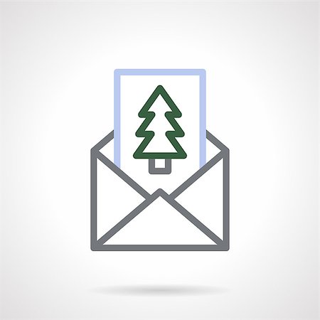 simsearch:400-08302769,k - Greetings card with fir-tree in gray line envelope. Happy New Year and Merry Christmas. Color simple line style vector icon. Single web design element for mobile app or website. Photographie de stock - Aubaine LD & Abonnement, Code: 400-08301417