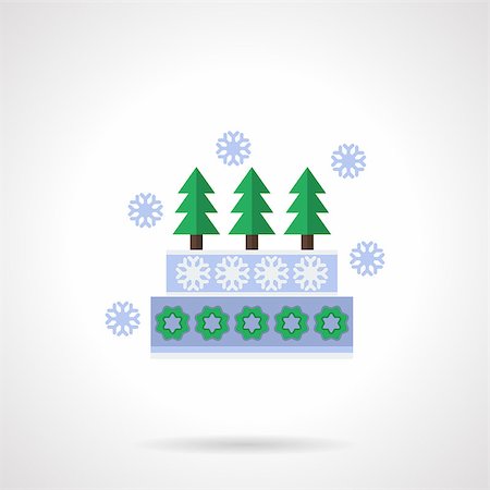 Christmas cake or pie decorated with three green fir-trees and blue snowflakes. Winter holidays. Flat color style vector icon.  Single web design element for mobile app or website. Stock Photo - Budget Royalty-Free & Subscription, Code: 400-08301424