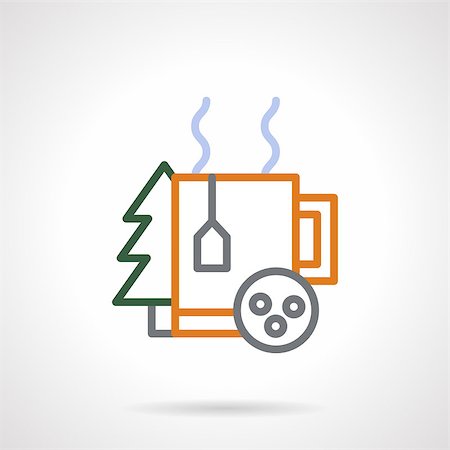 Yellow line mug, cake and green fir. Essential attributes of winter holidays. Color simple line style vector icon. Single web design element for mobile app or website. Stock Photo - Budget Royalty-Free & Subscription, Code: 400-08301434